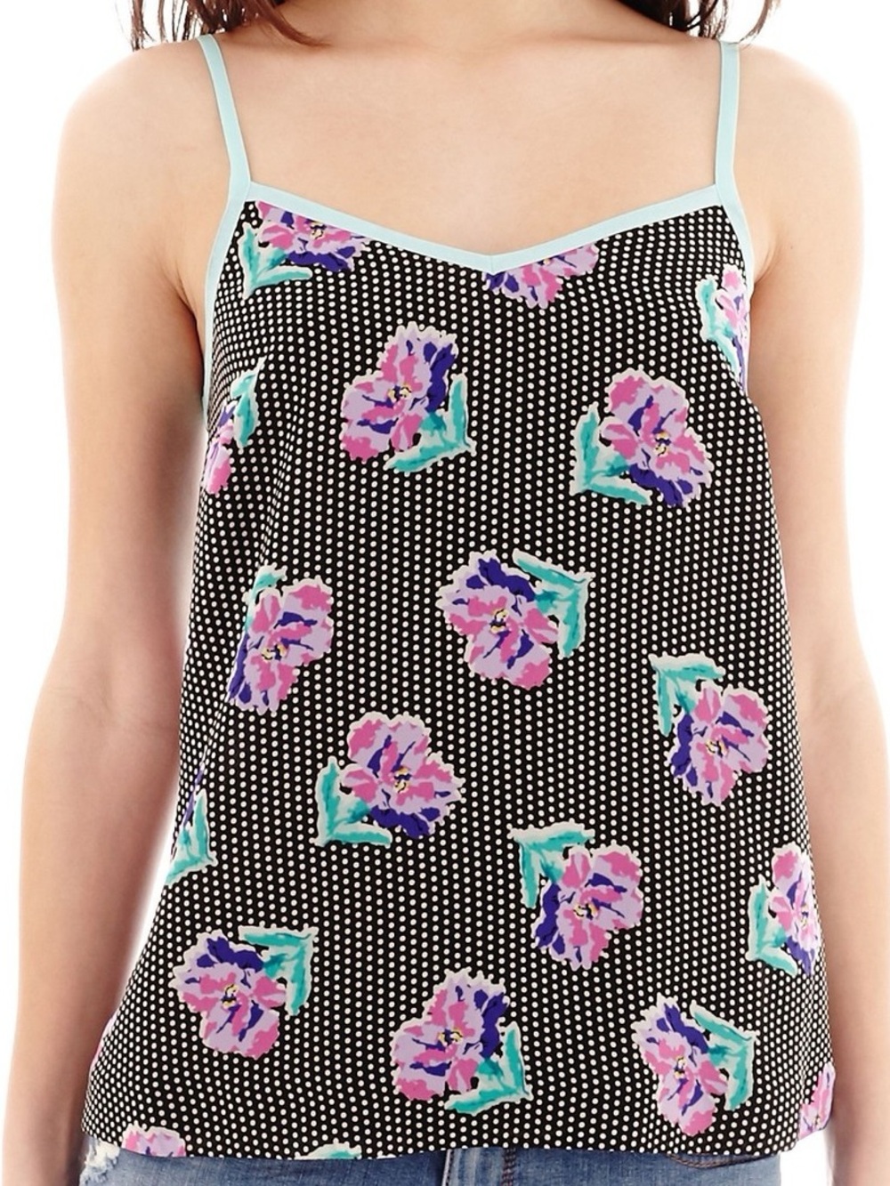 NWT I Heart Ronson cami black & white polka dot base with floral print size XL
